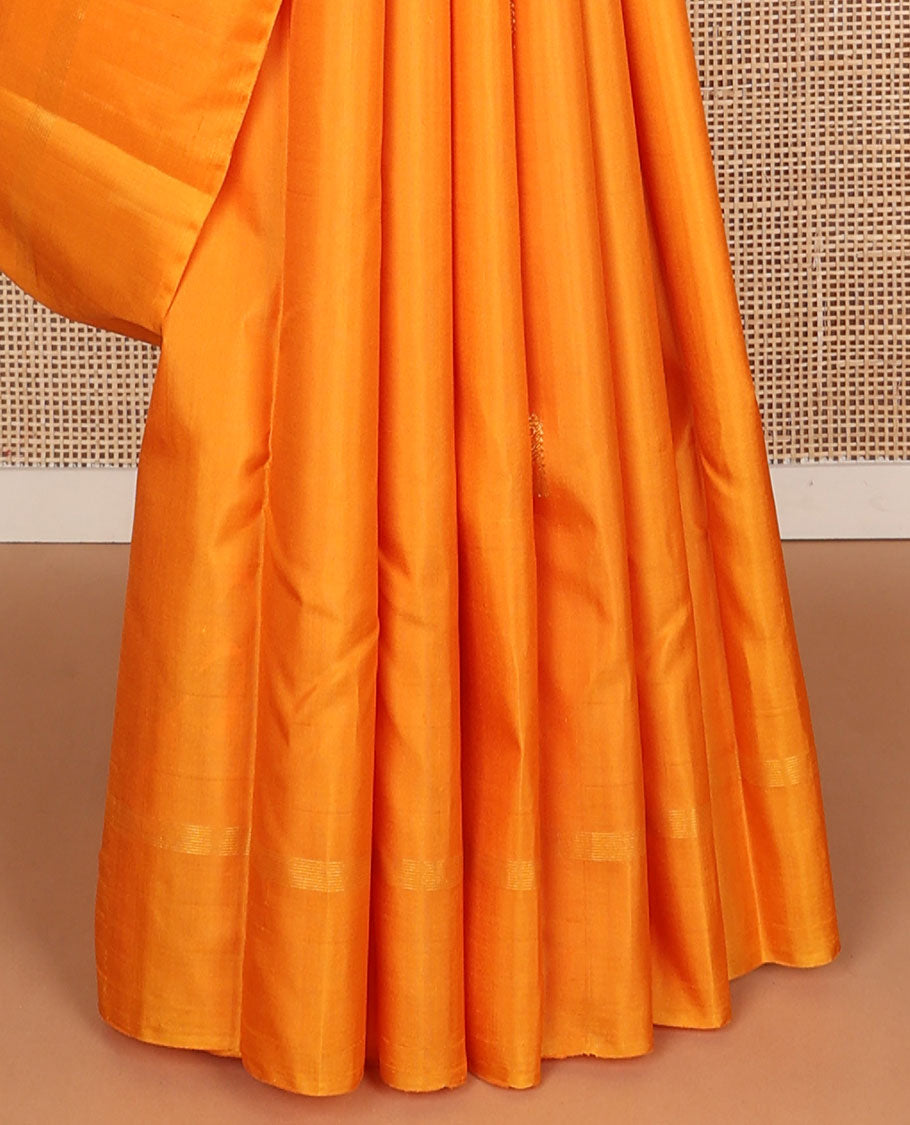 Borderless yellow zari mayil buttas Kanchipuram silk saree, self-pallu steeped with mayil & chakram motifs