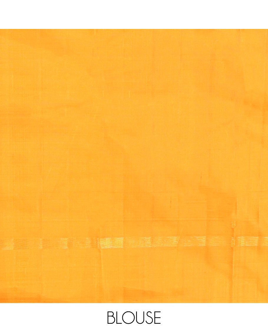 Borderless yellow zari mayil buttas Kanchipuram silk saree, self-pallu steeped with mayil & chakram motifs
