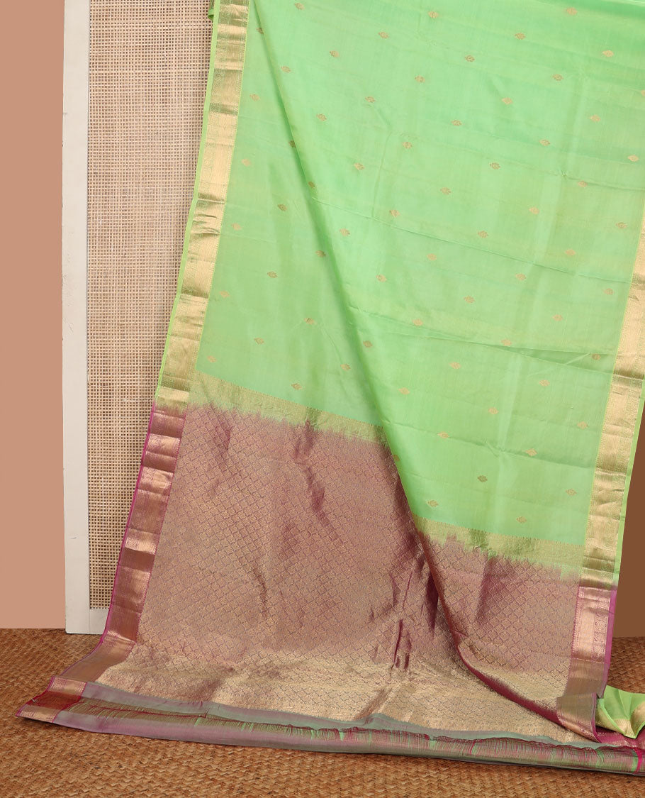 Green zari buttas Kanchipuram silk saree, zari border of muthu,banaras & Annam chakram & contrast jaal pallu