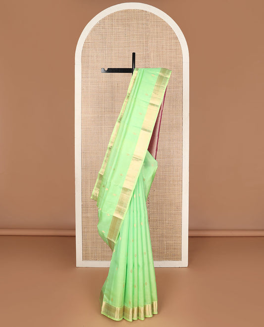 Green zari buttas Kanchipuram silk saree, zari border of muthu,banaras & Annam chakram & contrast jaal pallu