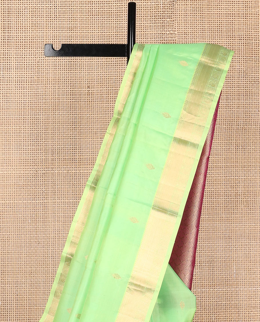 Green zari buttas Kanchipuram silk saree, zari border of muthu,banaras & Annam chakram & contrast jaal pallu