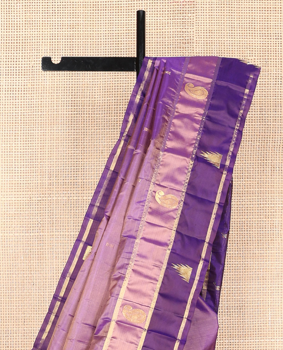 Violet zari buttas silk saree, contrast border of thazampoo rekku & manga designs & zari design pallu
