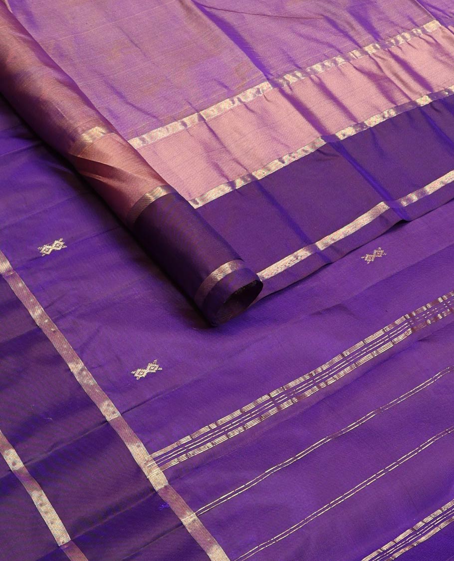 Violet zari buttas silk saree, contrast border of thazampoo rekku & manga designs & zari design pallu