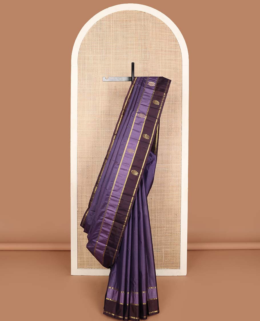 Violet zari buttas Kanchipuram silk saree, contrast zari striped and buttas border, and zari design pallu