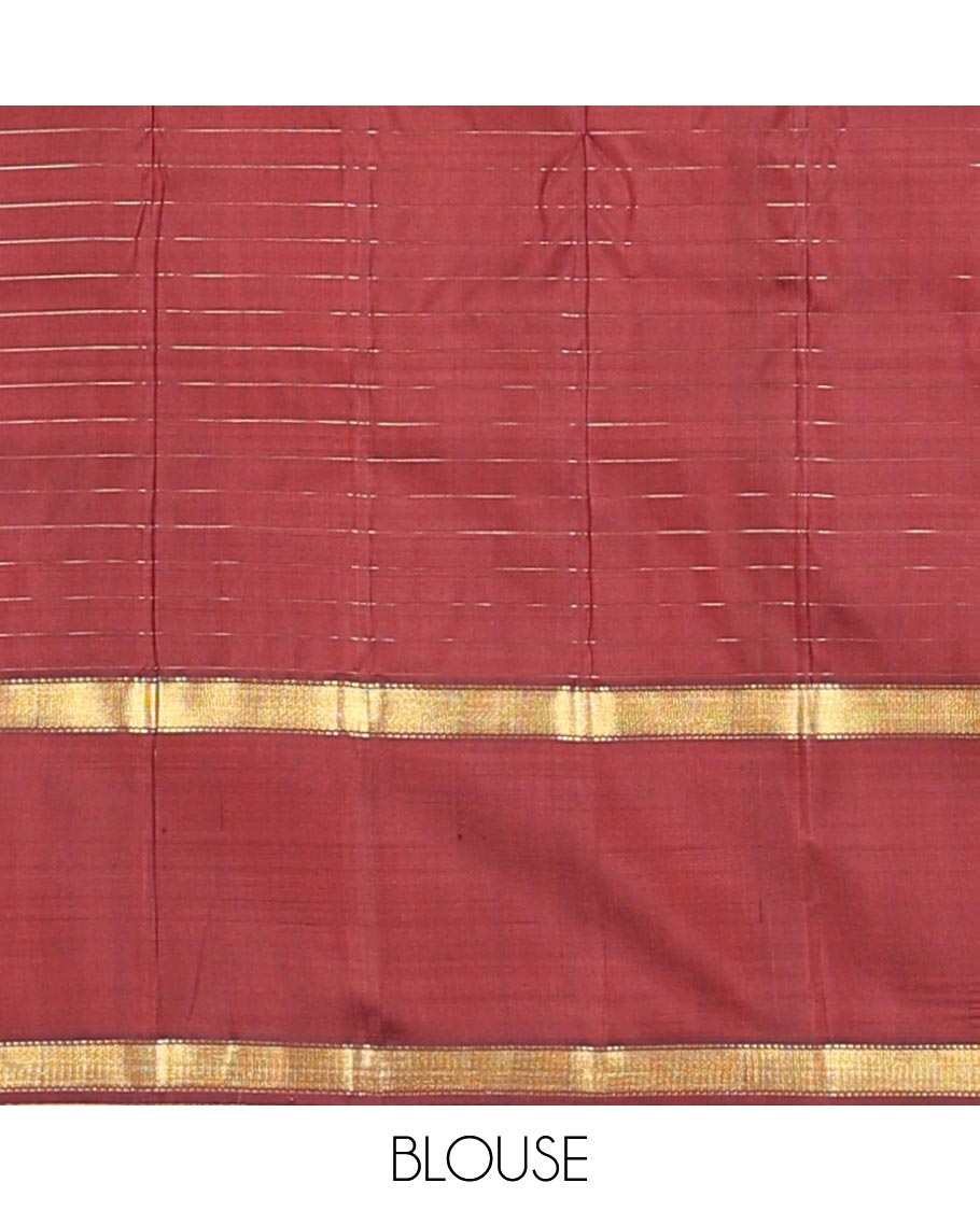 Honey color muthu kattam Kanchipuram silk saree, contrast rettai pettu border of muthu designs, and zari design pallu