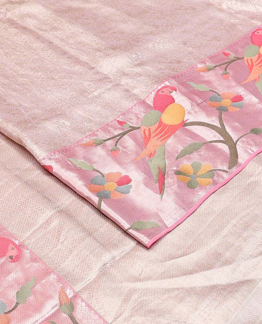 Baby pink jacquard Kanchipuram silk saree, contrast traditional with meenakari paithani floral, and macaw motifs embroidered border, and jaal pallu