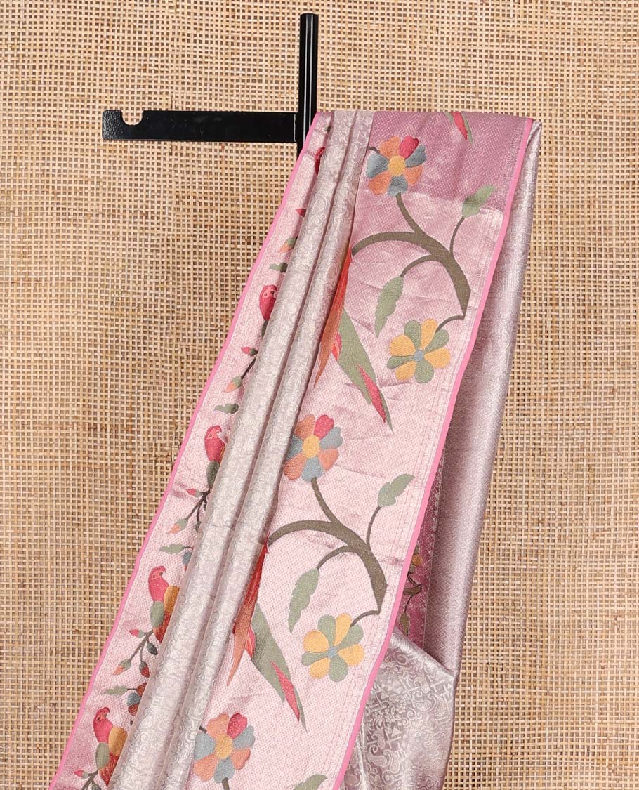 Baby pink jacquard Kanchipuram silk saree, contrast traditional with meenakari paithani floral, and macaw motifs embroidered border, and jaal pallu