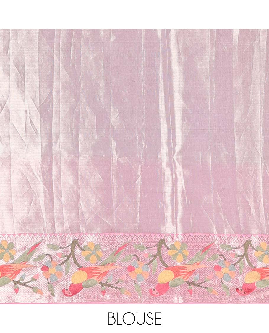 Baby pink jacquard Kanchipuram silk saree, contrast traditional with meenakari paithani floral, and macaw motifs embroidered border, and jaal pallu