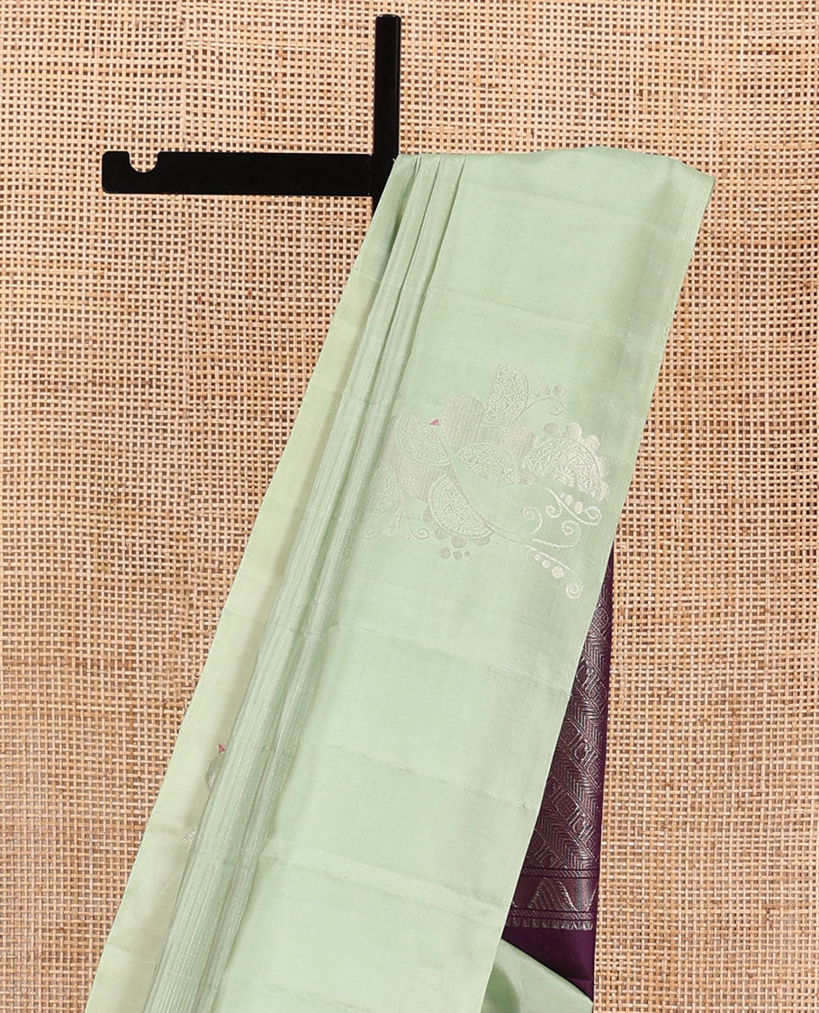 Borderless green striped Kanchipuram silk saree, contrast pallu of manga and rudraksham and kathir designs