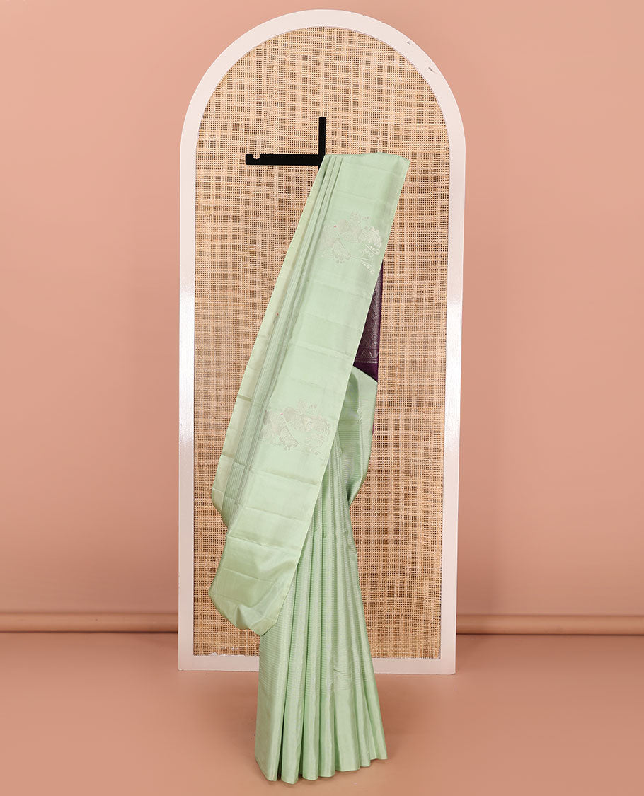 Borderless green striped Kanchipuram silk saree, contrast pallu of manga and rudraksham and kathir designs