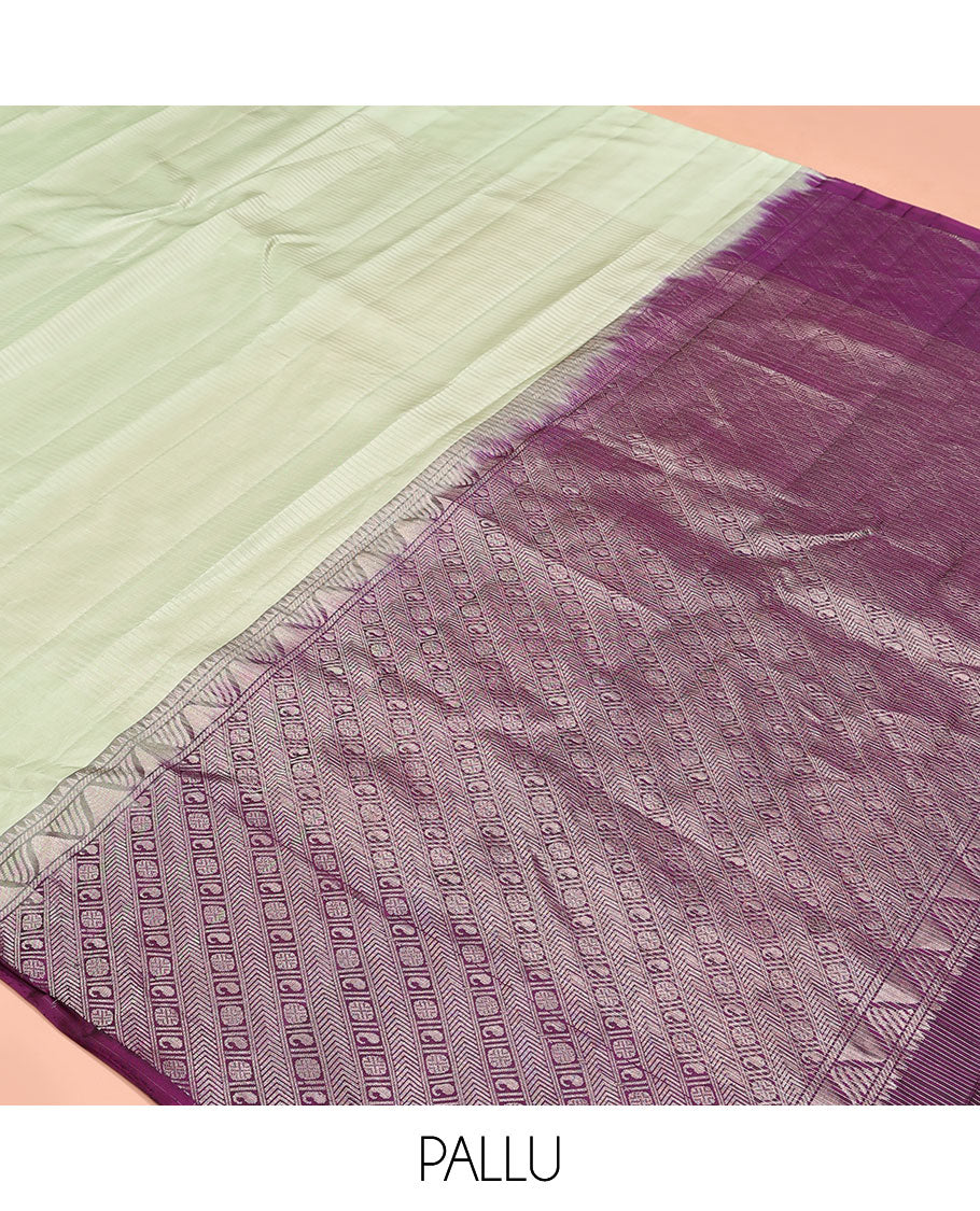 Borderless green striped Kanchipuram silk saree, contrast pallu of manga and rudraksham and kathir designs