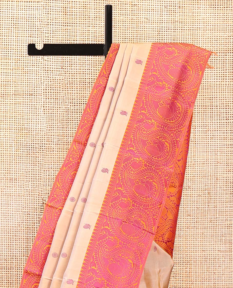 Sandal Kanchipuram Designer Silk Saree, Elevated with Mayil and Chakram Buttas All Over Its Body, Complemented by Contrast Border of Peacock Enclosed Paisleys, Jaal Pallu and Paired with a Contrast Blouse