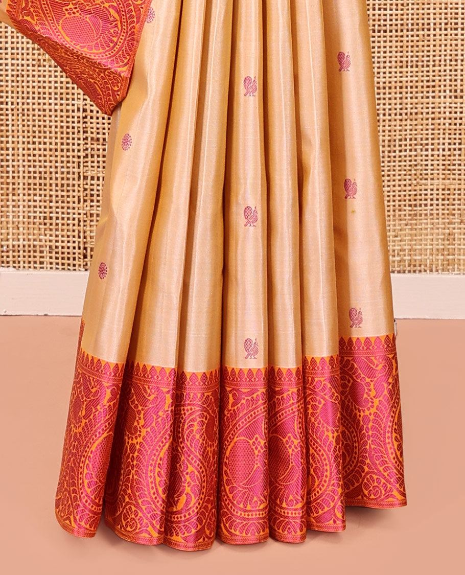 Sandal Kanchipuram Designer Silk Saree, Elevated with Mayil and Chakram Buttas All Over Its Body, Complemented by Contrast Border of Peacock Enclosed Paisleys, Jaal Pallu and Paired with a Contrast Blouse