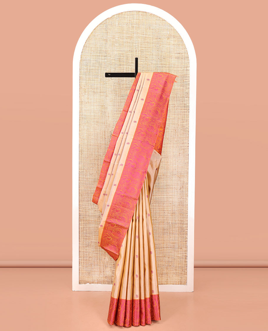 Sandal Kanchipuram Designer Silk Saree, Elevated with Mayil and Chakram Buttas All Over Its Body, Complemented by Contrast Border of Peacock Enclosed Paisleys, Jaal Pallu and Paired with a Contrast Blouse