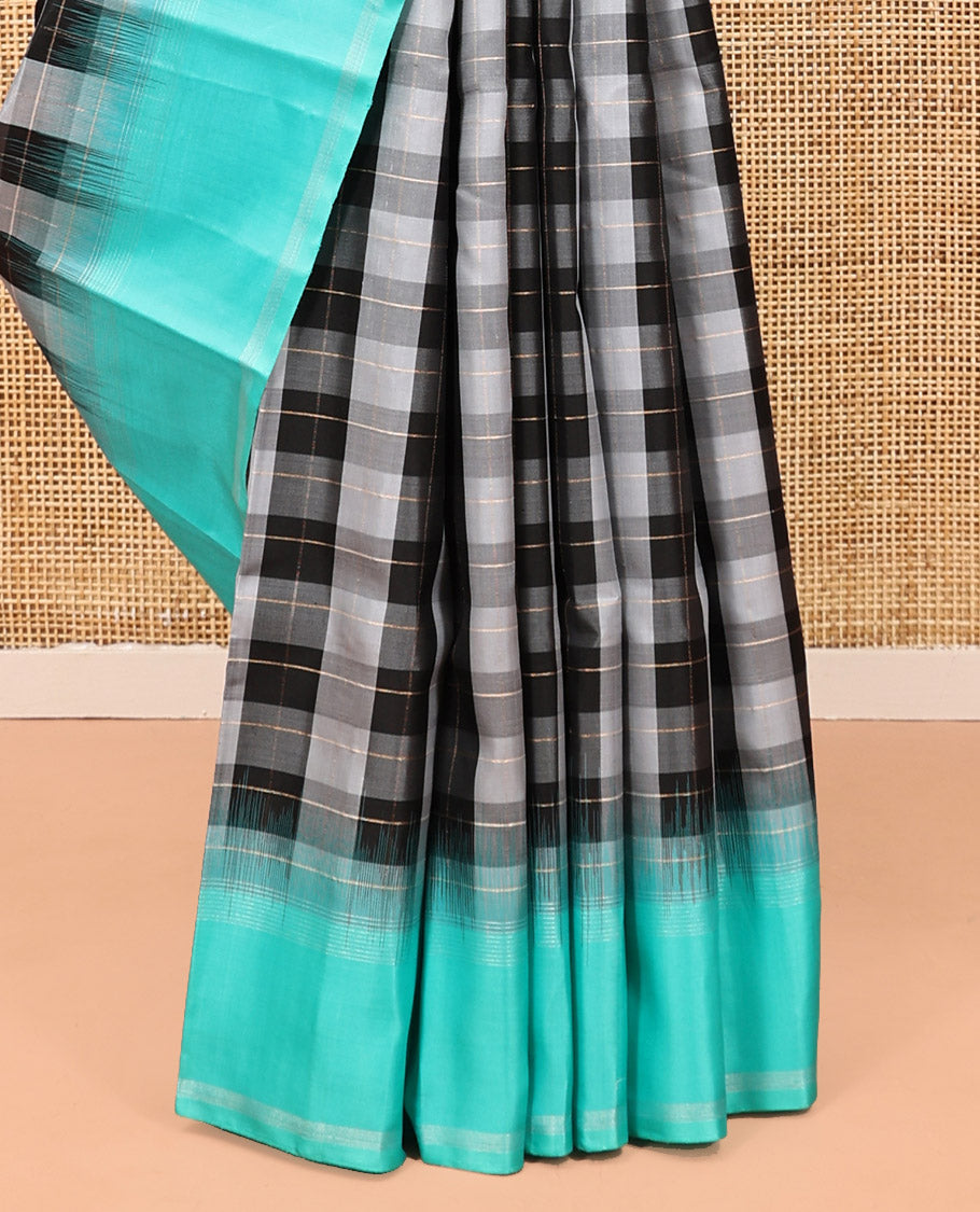 Black-White Checked Kanchipuram Silk Saree, Contrast Bodi Border, Striped Pallu, and a Contrast Blouse