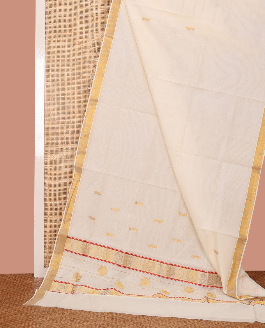 Cream Kerala Saree, Dazzled with Zari Buttas on Its Body, Bavanji Zari Border, Sparkling Pallu of Zari Designs, and Paired with a Matching Blouse