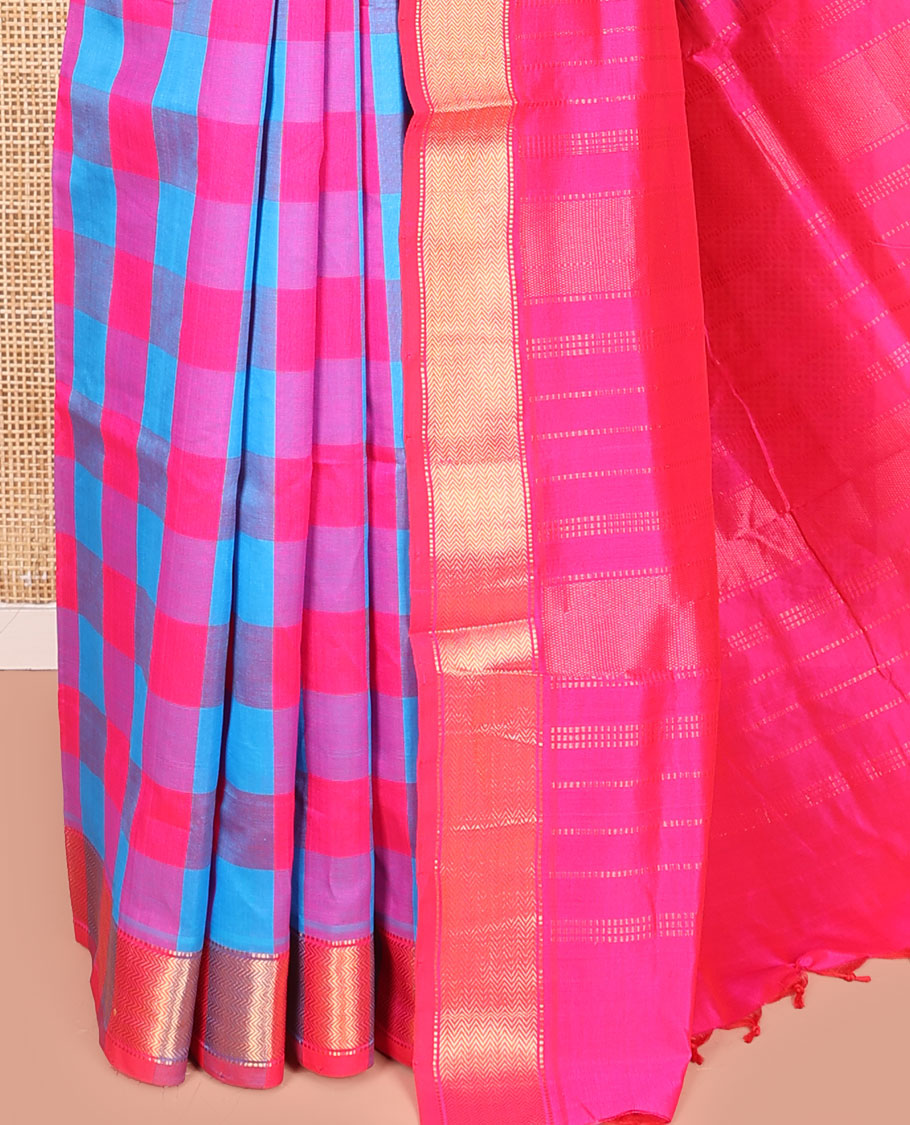 Multi-Color Checked Kuppadam Cotton Saree, Subtly Woven Chevron Zari Border, Complemented by Contrast Pallu of Zari Designs, and Paired with a Contrast Blouse