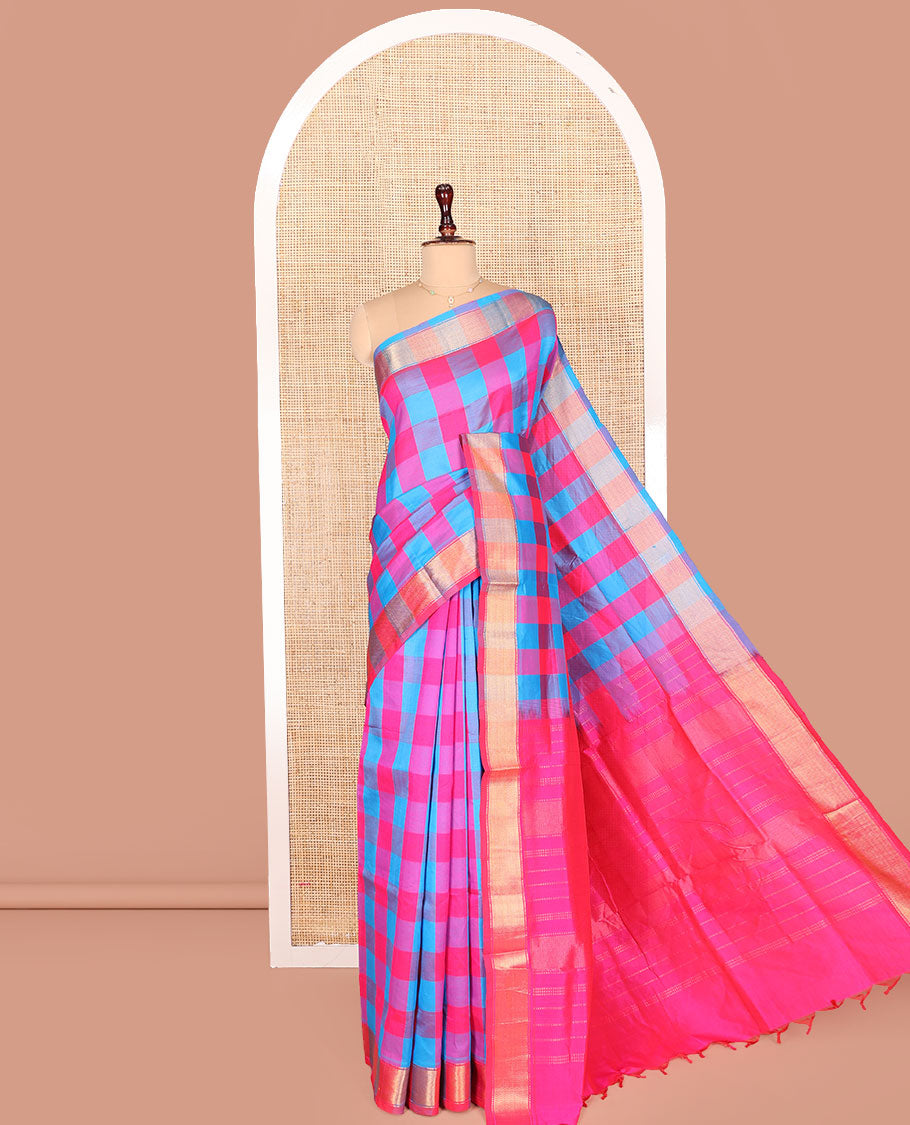 Multi-Color Checked Kuppadam Cotton Saree, Subtly Woven Chevron Zari Border, Complemented by Contrast Pallu of Zari Designs, and Paired with a Contrast Blouse