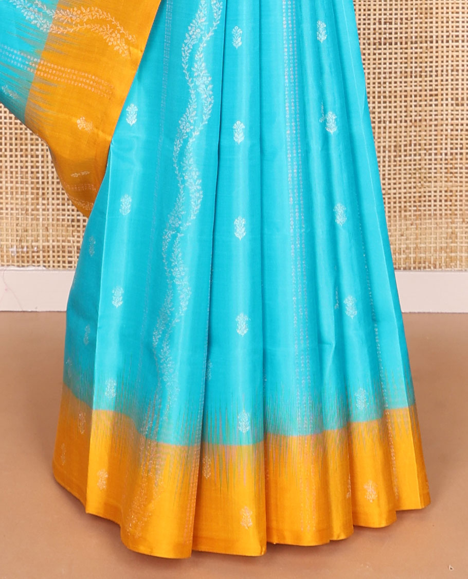 Light blue floral design mayuri soft silk saree with contrast floral design border & jaal design pallu