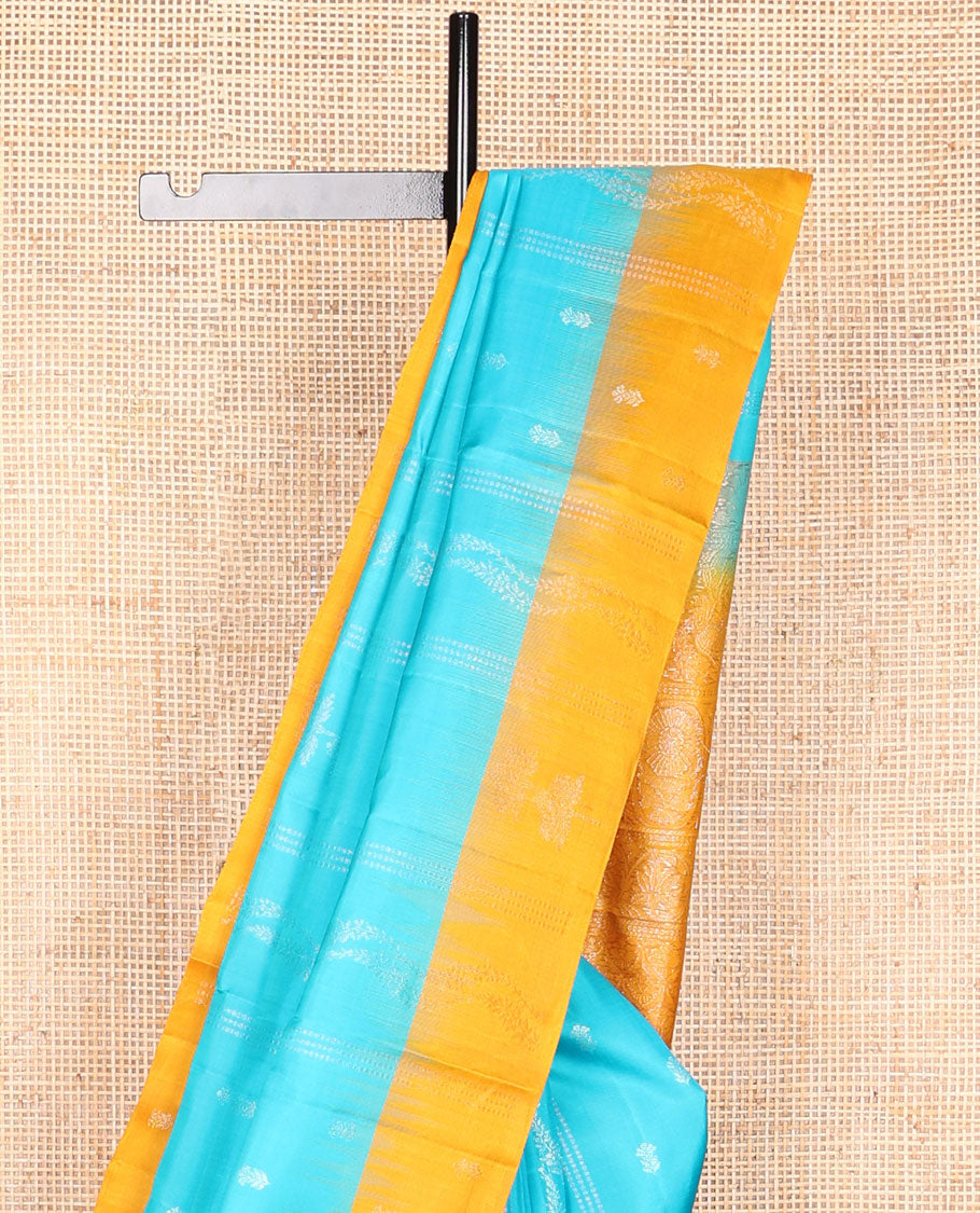 Light blue floral design mayuri soft silk saree with contrast floral design border & jaal design pallu
