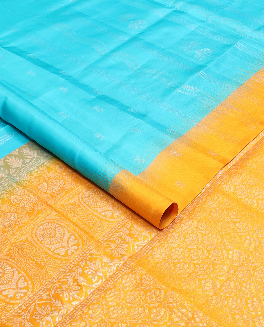 Light blue floral design mayuri soft silk saree with contrast floral design border & jaal design pallu