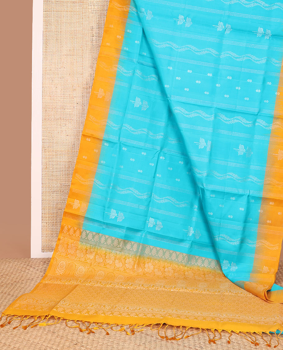 Light blue floral design mayuri soft silk saree with contrast floral design border & jaal design pallu