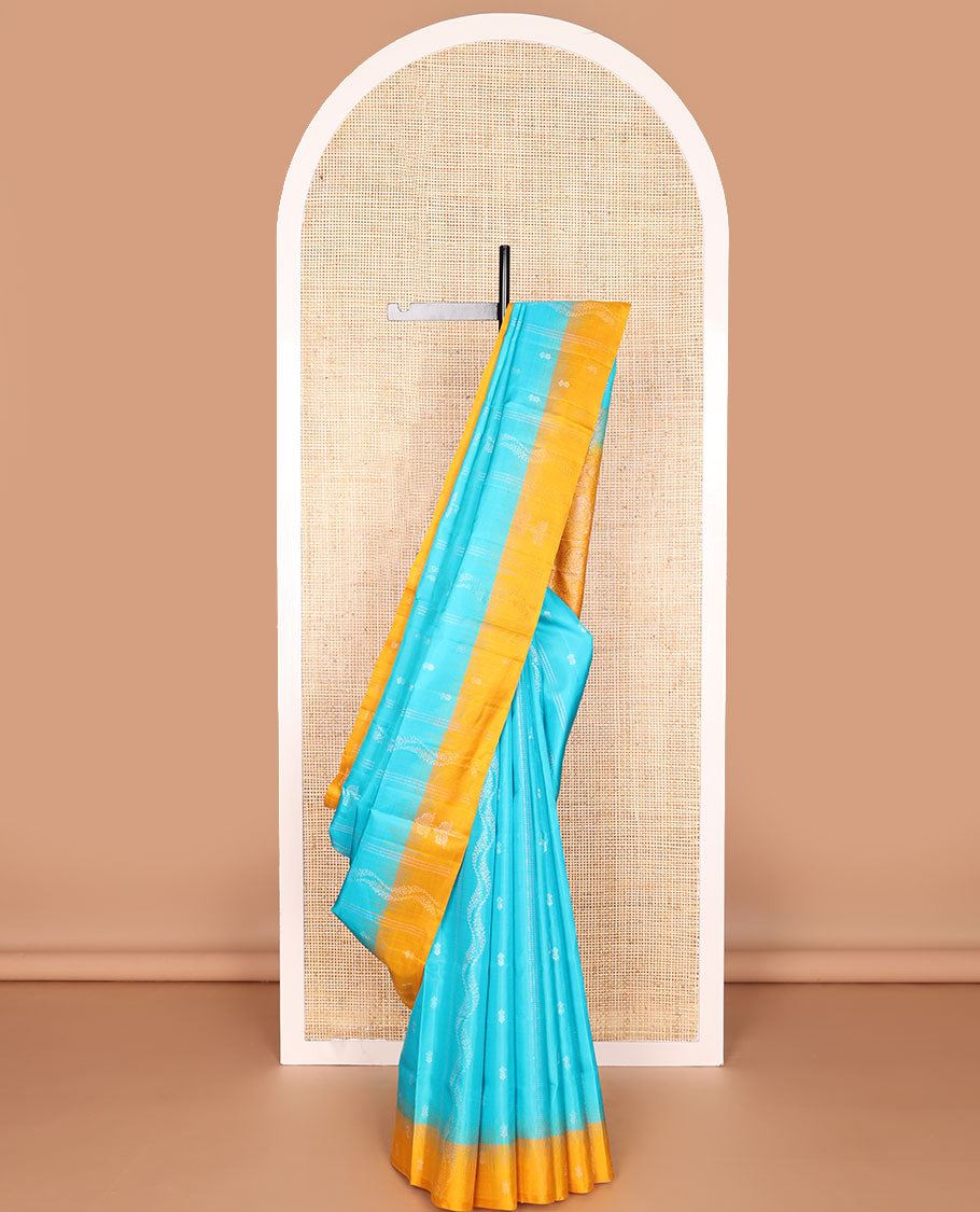 Light blue floral design mayuri soft silk saree with contrast floral design border & jaal design pallu