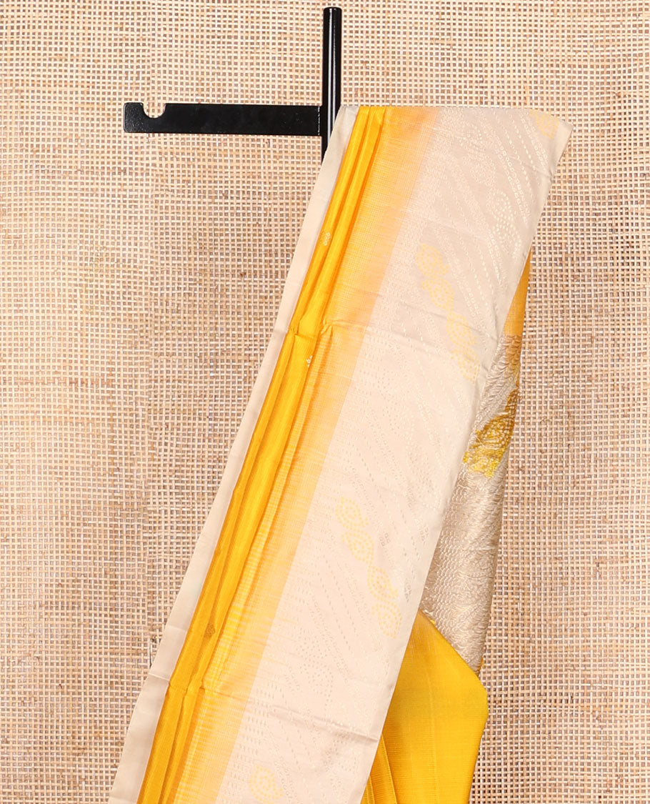 Orange buttas mayuri soft silk saree with contrast striped floral design border & bhandani design pallu