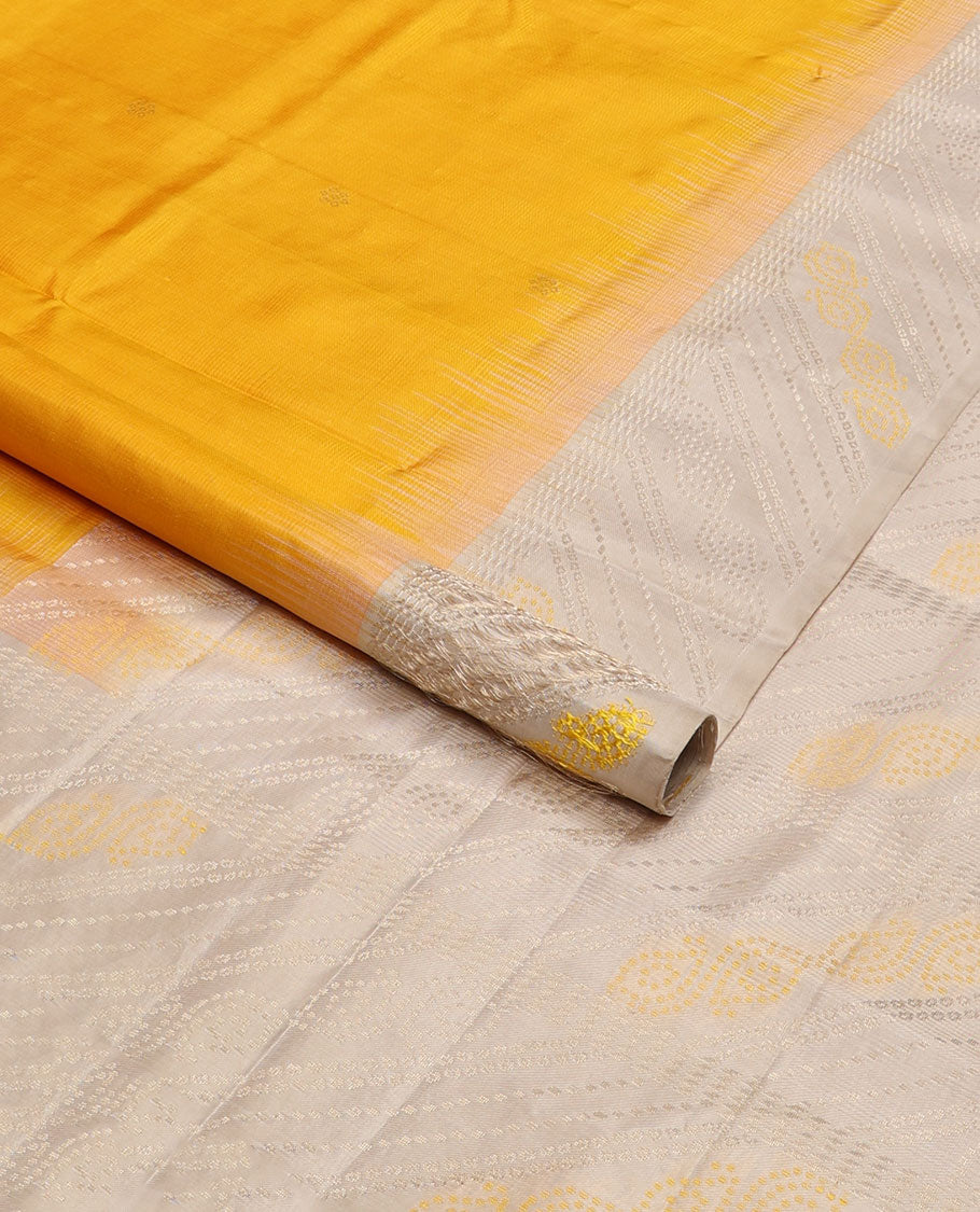 Orange buttas mayuri soft silk saree with contrast striped floral design border & bhandani design pallu