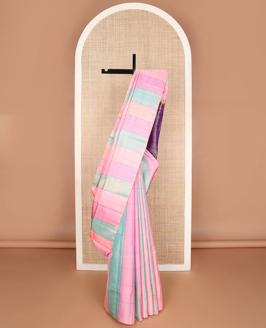 Borderless multi-color checked soft silk saree with zari buttas, contrast pallu of geometric designs
