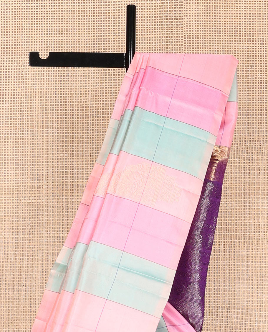 Borderless multi-color checked soft silk saree with zari buttas, contrast pallu of geometric designs