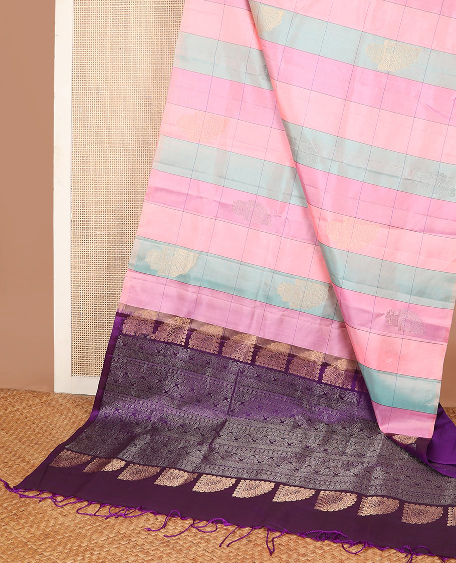 Borderless multi-color checked soft silk saree with zari buttas, contrast pallu of geometric designs