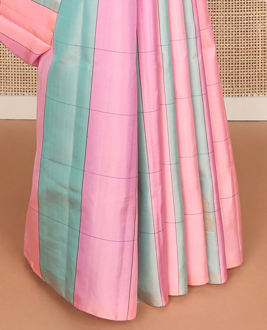 Borderless multi-color checked soft silk saree with zari buttas, contrast pallu of geometric designs