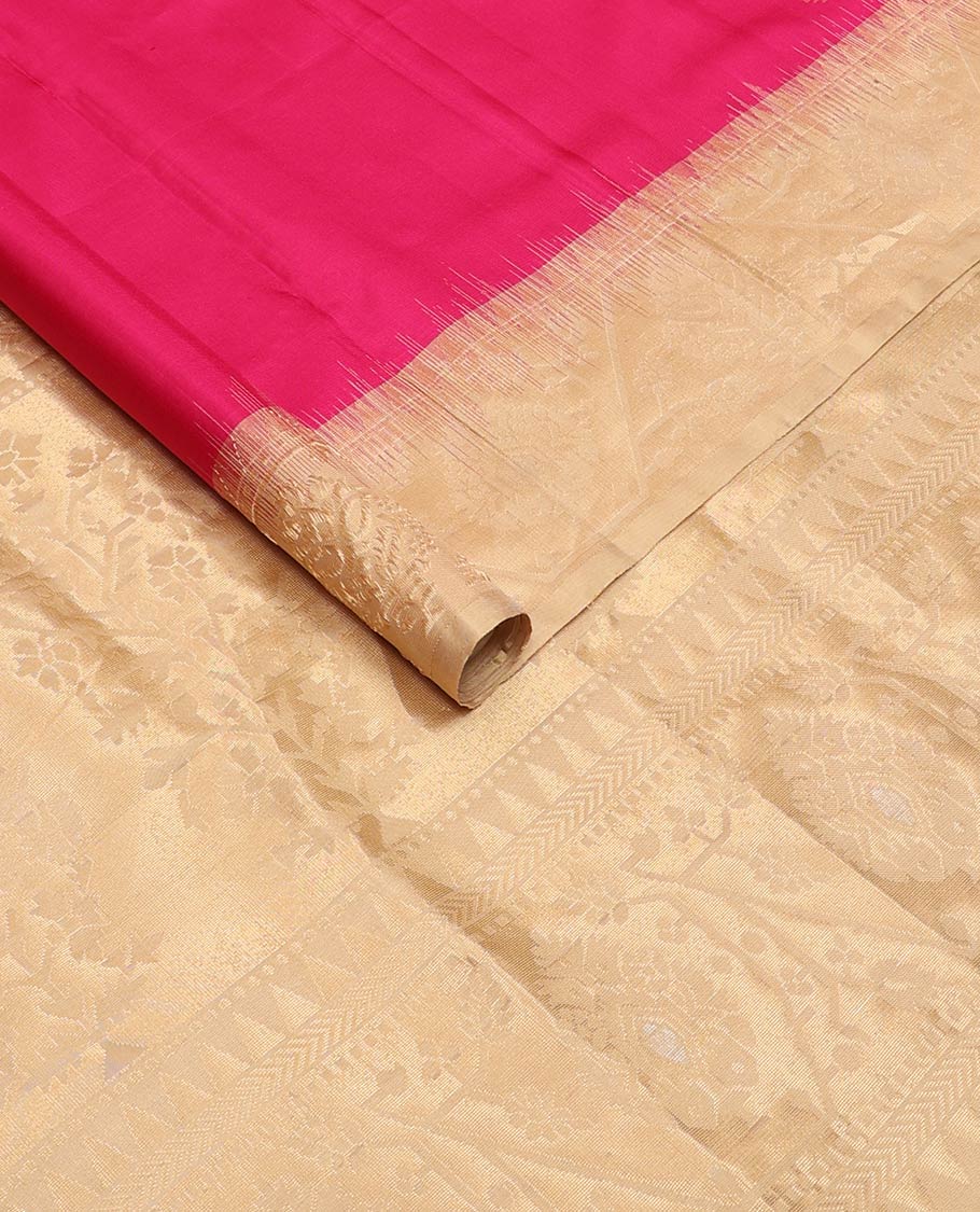Dark pink zari buttas soft silk saree, contrast border, and pallu of paithani-style motifs weave