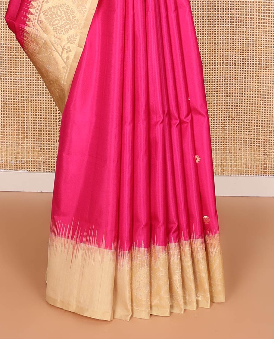 Dark pink zari buttas soft silk saree, contrast border, and pallu of paithani-style motifs weave