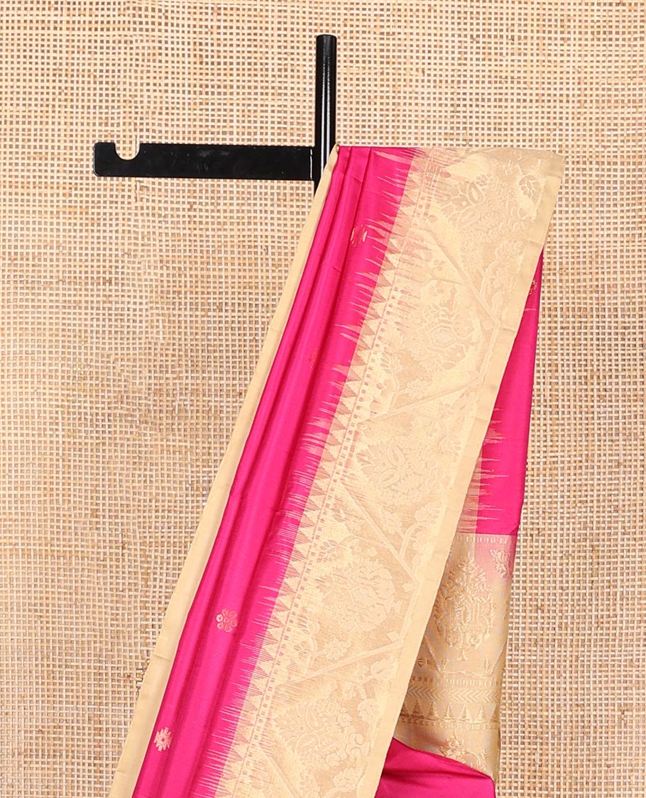 Dark pink zari buttas soft silk saree, contrast border, and pallu of paithani-style motifs weave