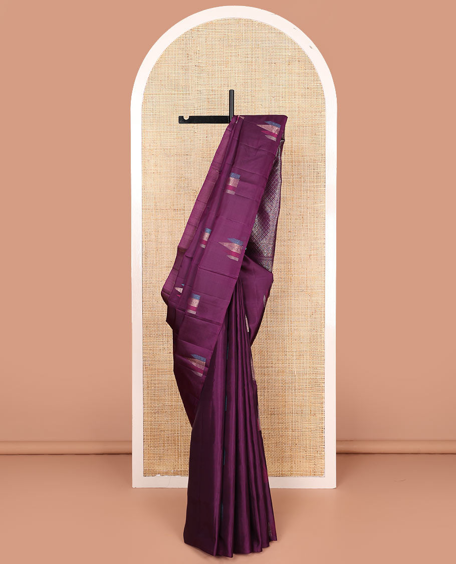 Broderless purple temple motifs soft silk saree, zari woven pallu of jaal designs