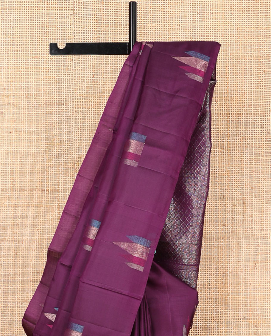 Broderless purple temple motifs soft silk saree, zari woven pallu of jaal designs