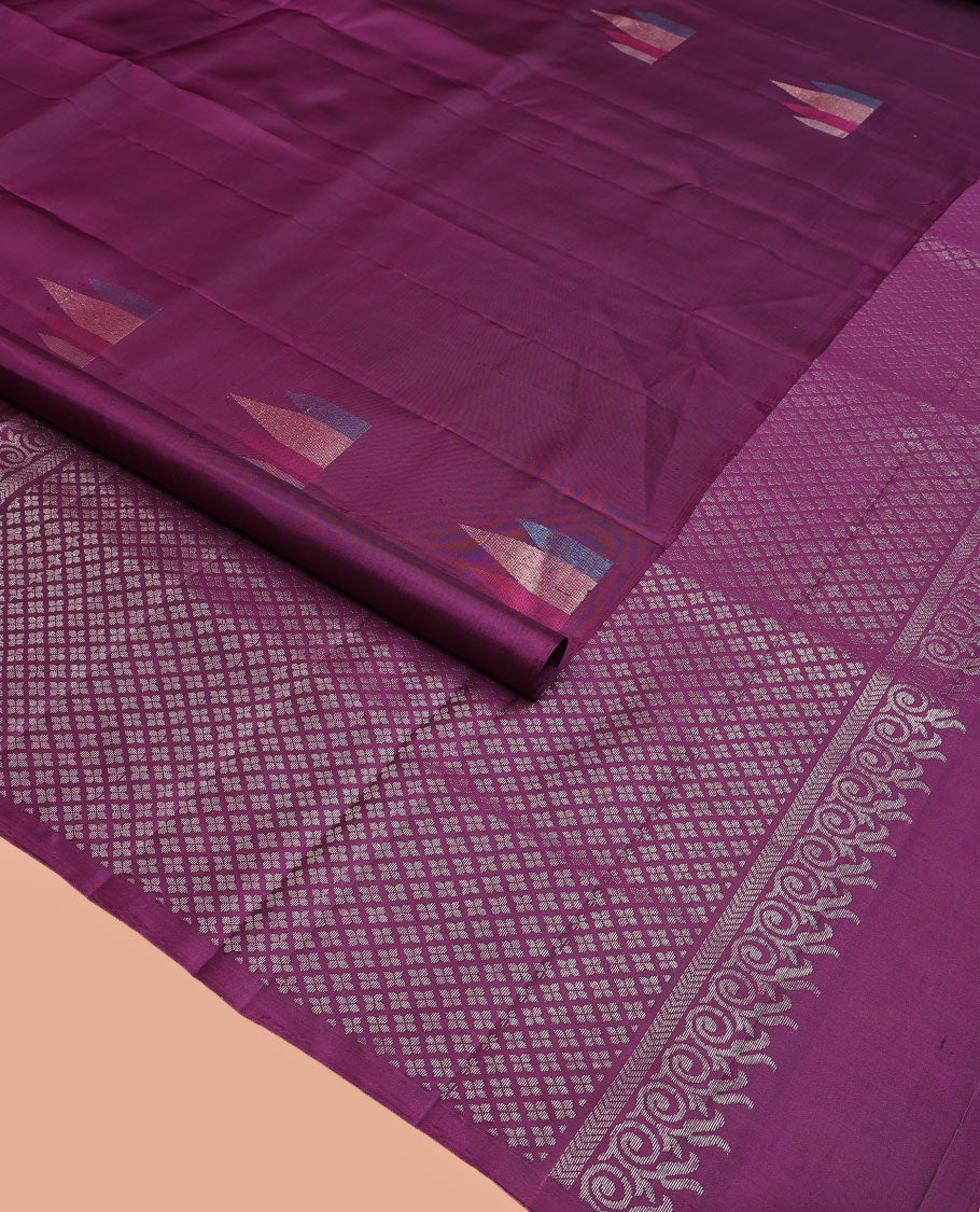 Broderless purple temple motifs soft silk saree, zari woven pallu of jaal designs