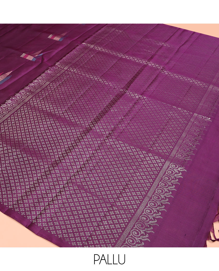 Broderless purple temple motifs soft silk saree, zari woven pallu of jaal designs