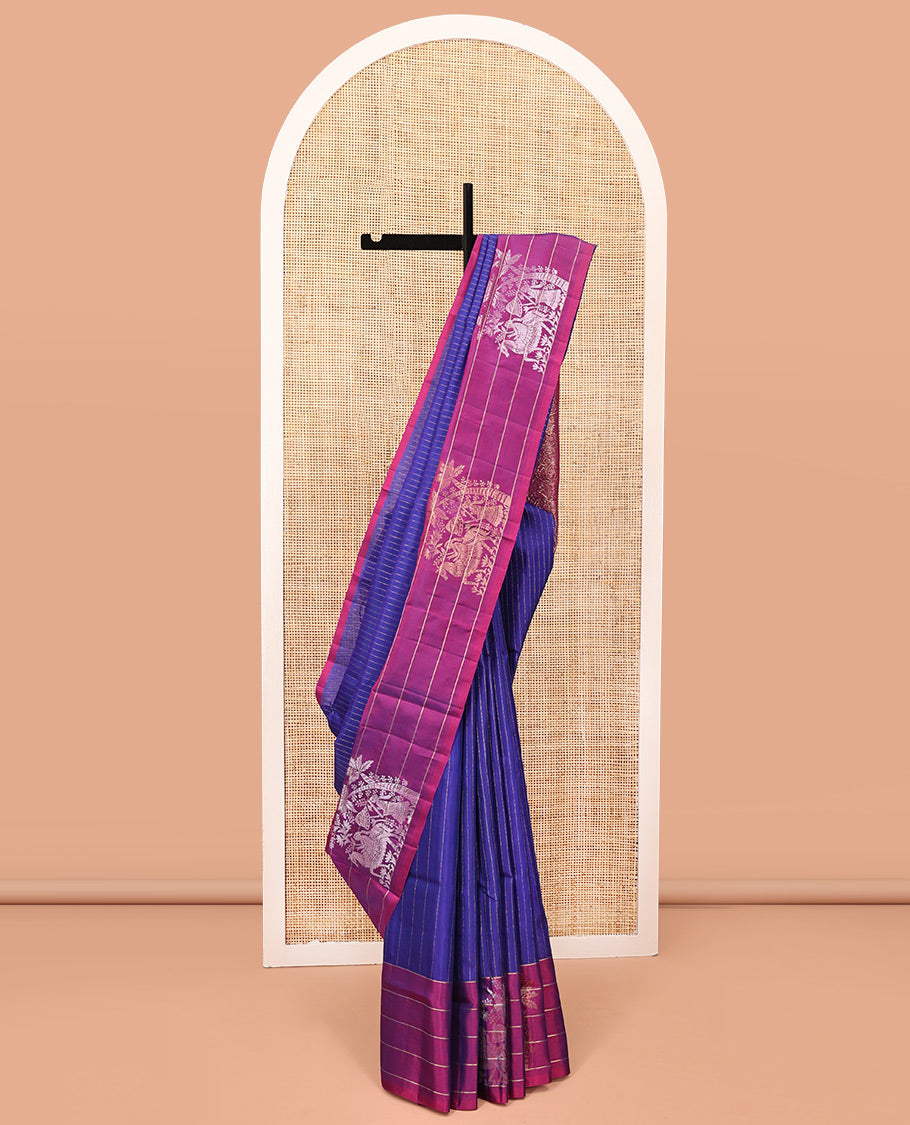 Blue Mayuri Lite Silk Mix Saree, Adorned with Muthu Stripes on Its Body, Complemented by a Contrast Border of Human Figurines, Intricately Designed Pallu, and Paired with a Contrast Blouse