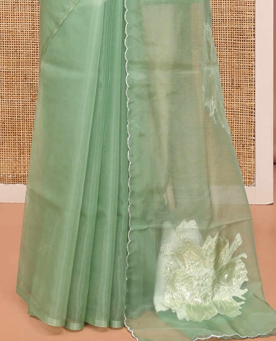Green Organza Saree, Gracefully Embellished with Floral Gold-Foil Embroidery, a Scallop Border, and a Matching Blouse
