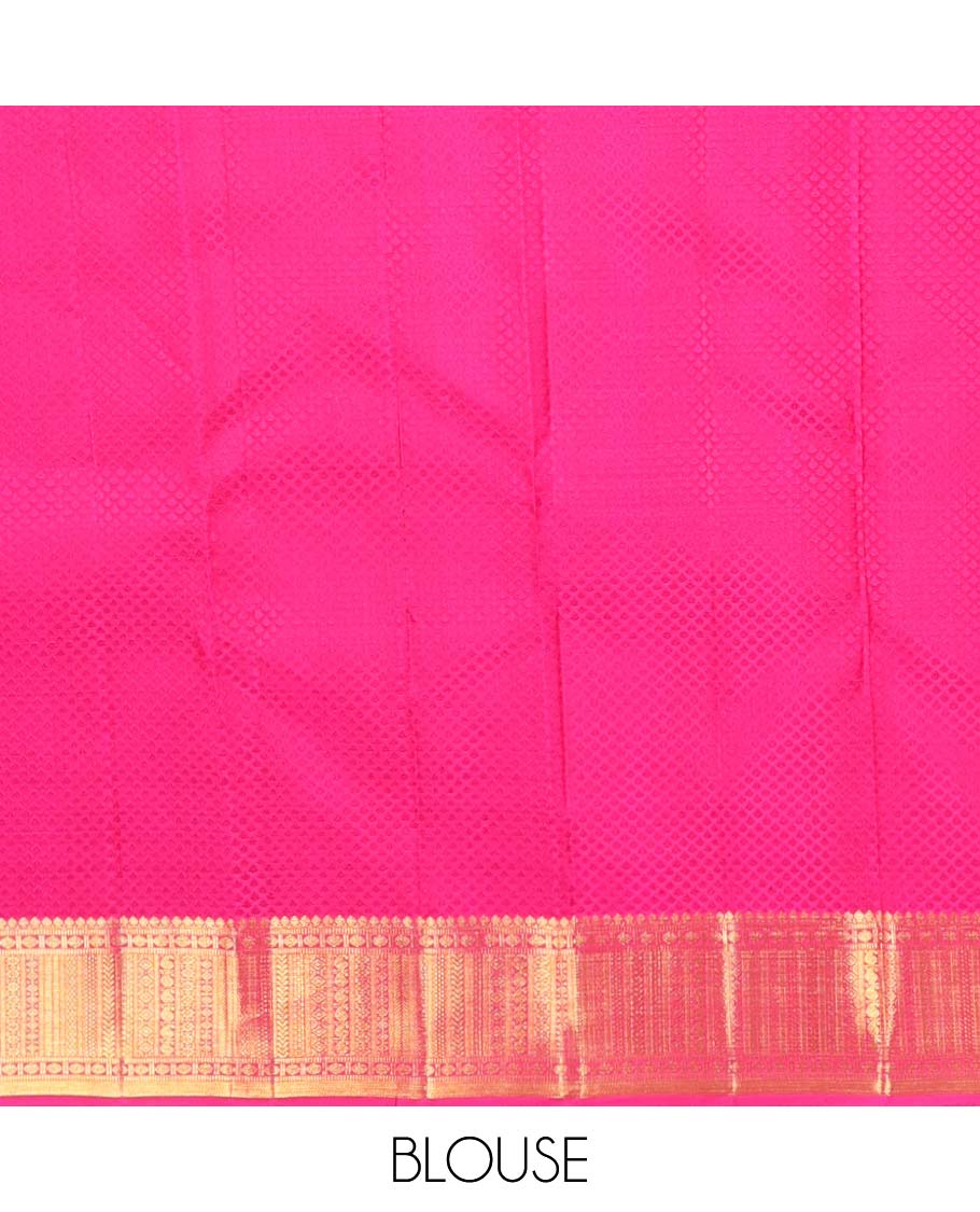 Red floral design silk saree with contrast border of thilakam mokku, muthu, manga, poo chakram design & floral design pallu
