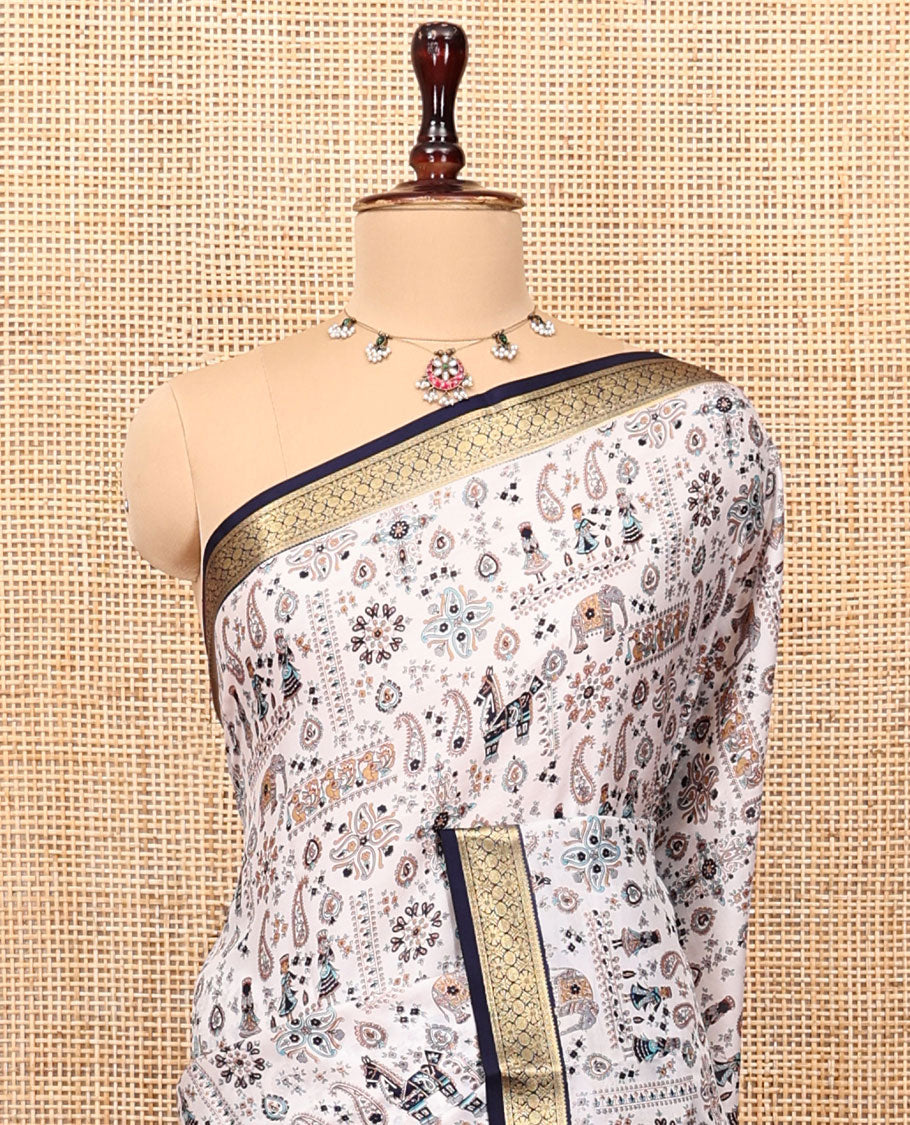Cream Printed Silk Saree Artfully Designed with a Paisley, Fauna, and Human Print, Contrast Traditional Zari Border, Striped Pallu, and Contrast Blouse