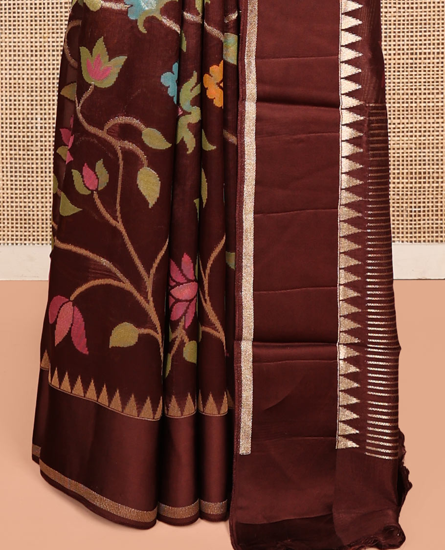 Brown Matka Silk Saree, Crafted with Meenakari Floral Vine All Over Its Body, Highlighted by Temple Rettai Pettu Border, Pallu of Stripes, and Paired with a Matching Blouse