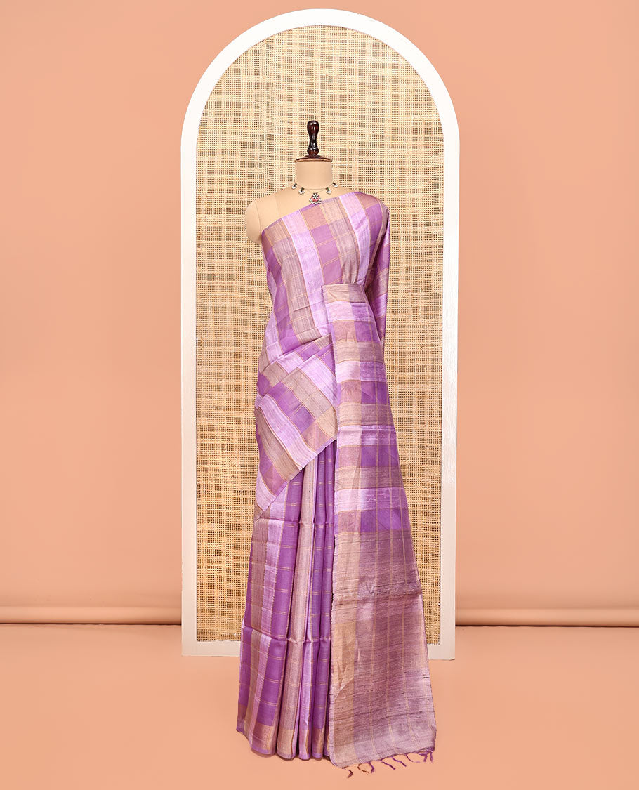 Purple Tussar Silk Saree, Highlighted by Stripes and Checks, a Self-Border, a Heathered Pallu, and a Matching Blouse