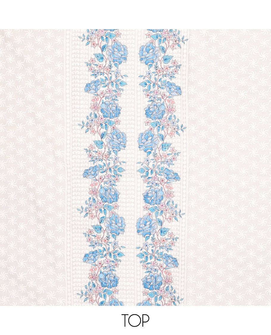 White chudidhar material set,floral print & embroidery cotton top,contrast plain bottom & floral printed chiffon dupatta