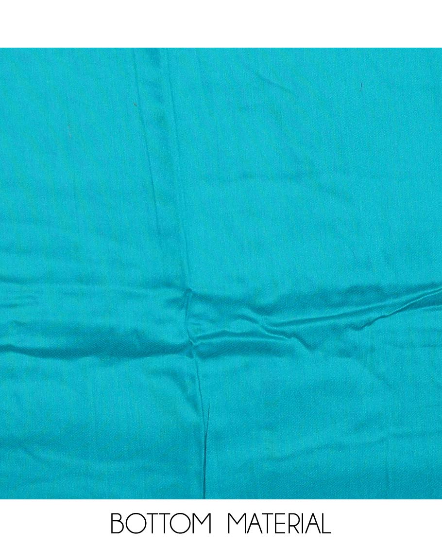 Blue material churidar set, floral and kaleidoscopic geometric patterned rayon top, plain bottom, and dupatta of floral and geometric patterns