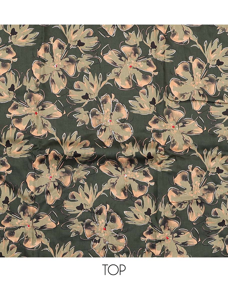 Green material chudidar set, floral printed top, plain bottom, and dupatta floral print