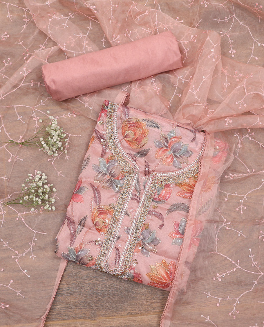 Pink Material Chudidar Set, Boldly Accentuated with Floral Print, and Outline Embroidery on Organza Top, a Plain Santoon Bottom, and Paired with a Floral Vine Sequins Embroidered Organza Dupatta